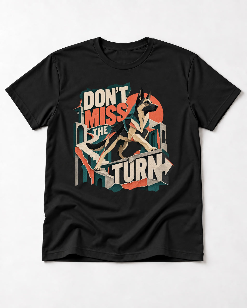 Dont Miss The Turn Escher Staircase German Shepherd Dog Graphic T-Shirt in Black, flat lay product photo