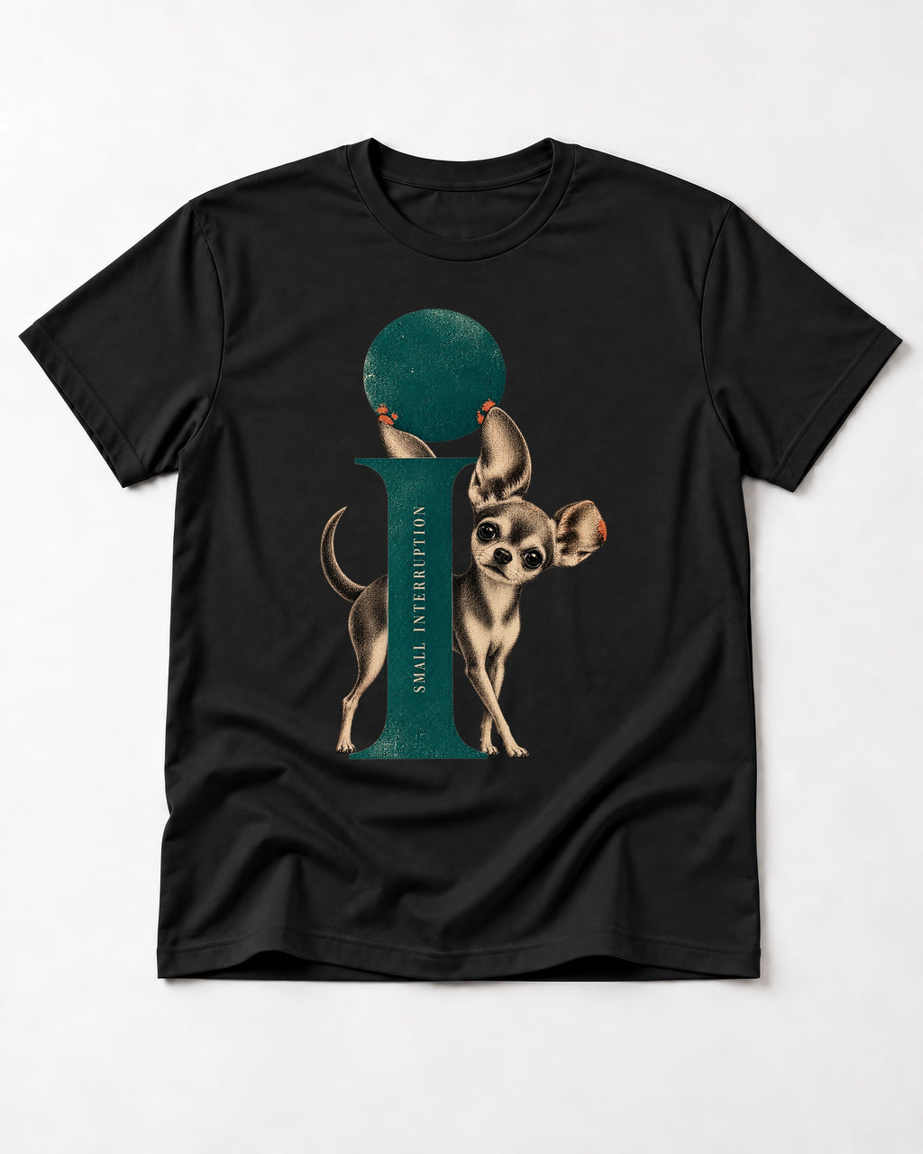 Chihuahua Small Interruption Geometric Portrait T-Shirt in Black, flat lay product photo