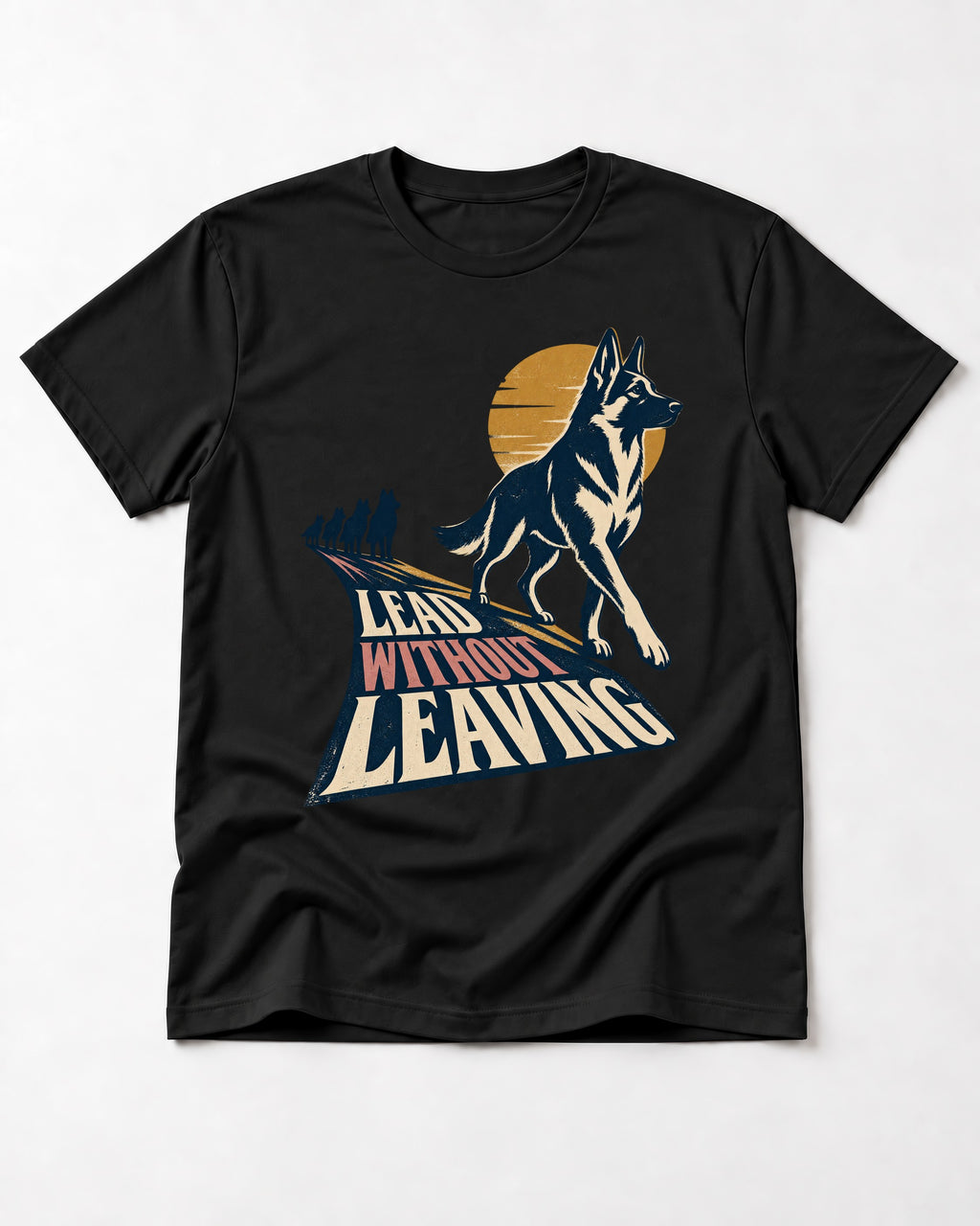 Lead Without Leaving Perspective German Shepherd Dog Graphic T-Shirt in Black, flat lay product photo