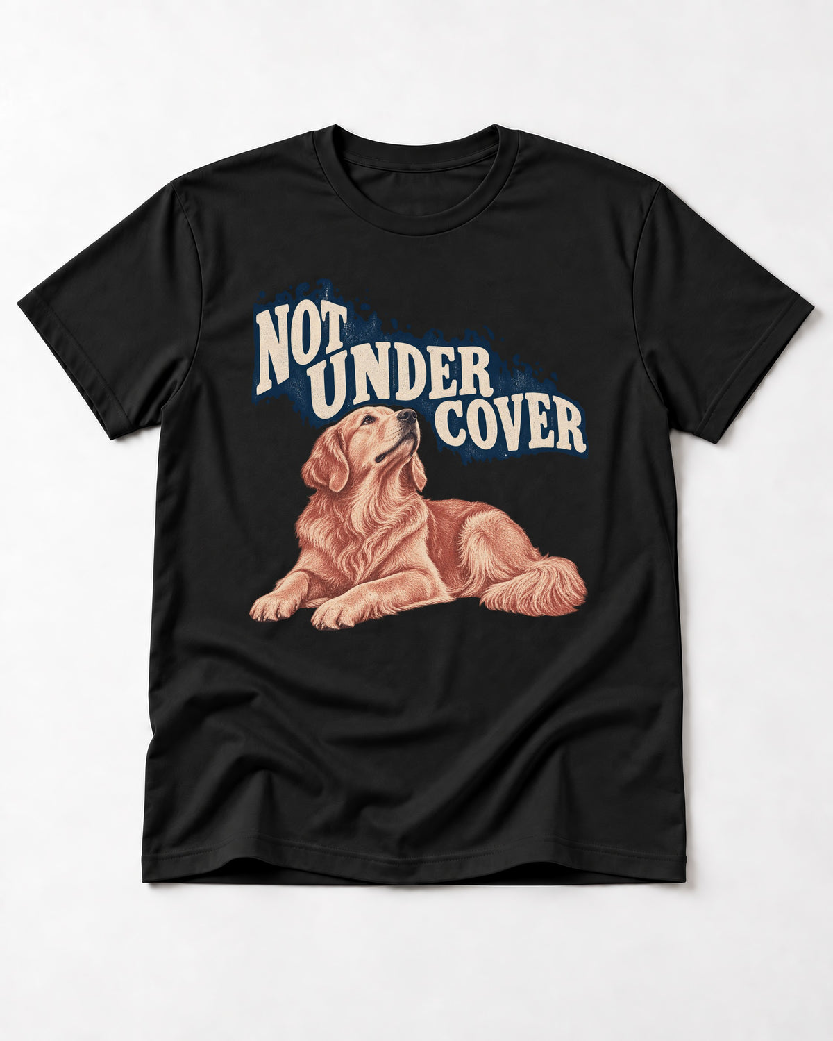 Not Under Cover Reclining Golden Retriever Graphic T-Shirt in Black, flat lay product photo