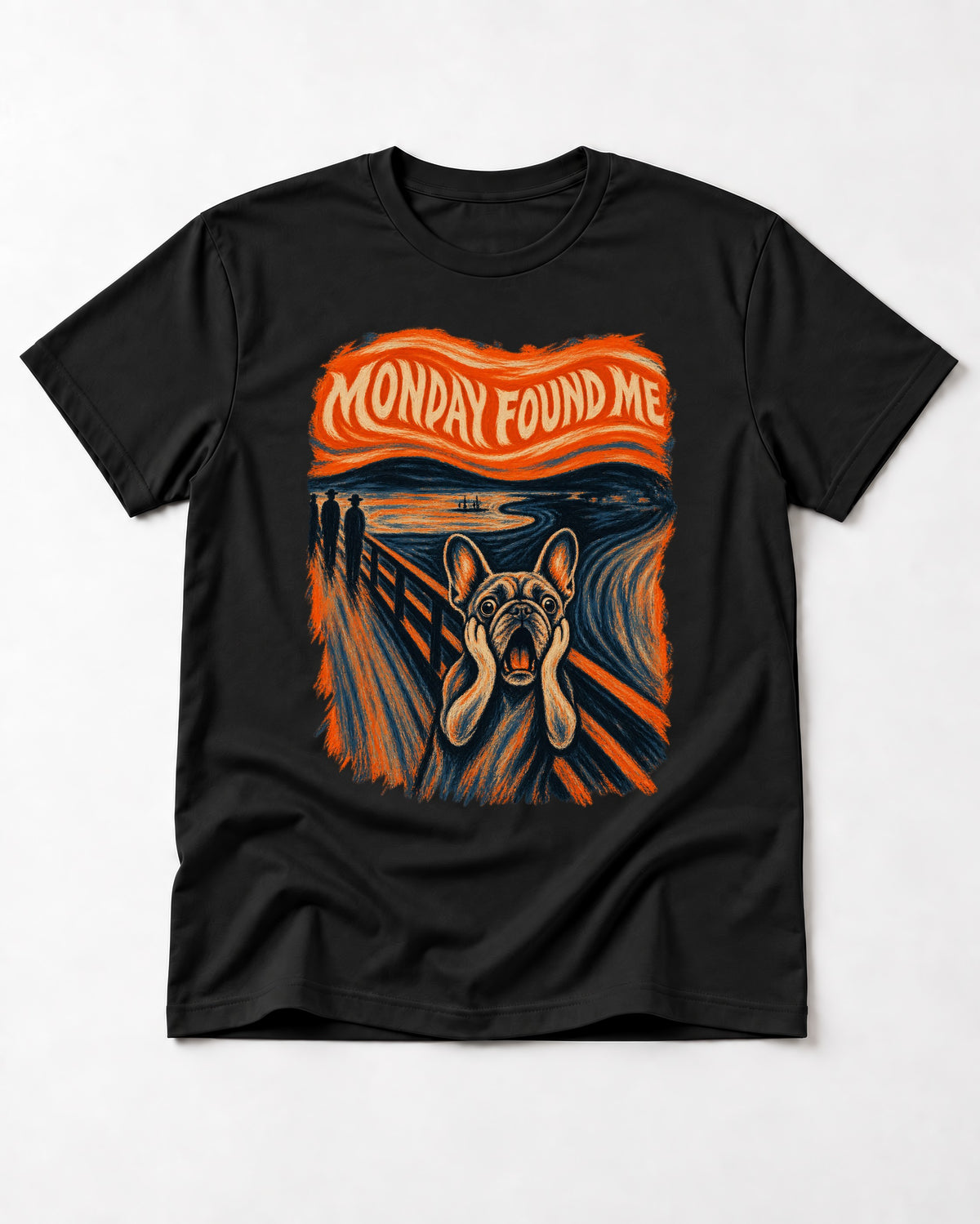 Frenchie Monday Found Me Scream Graphic 194 T-Shirt in Black, flat lay product photo