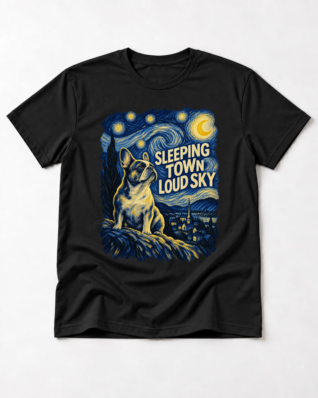 Frenchie Sleeping Town Loud Sky Graphic T-Shirt in Black, flat lay product photo