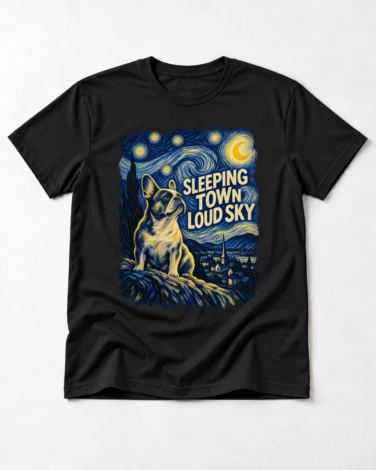 Frenchie Sleeping Town Loud Sky Graphic T-Shirt in Black, flat lay product photo