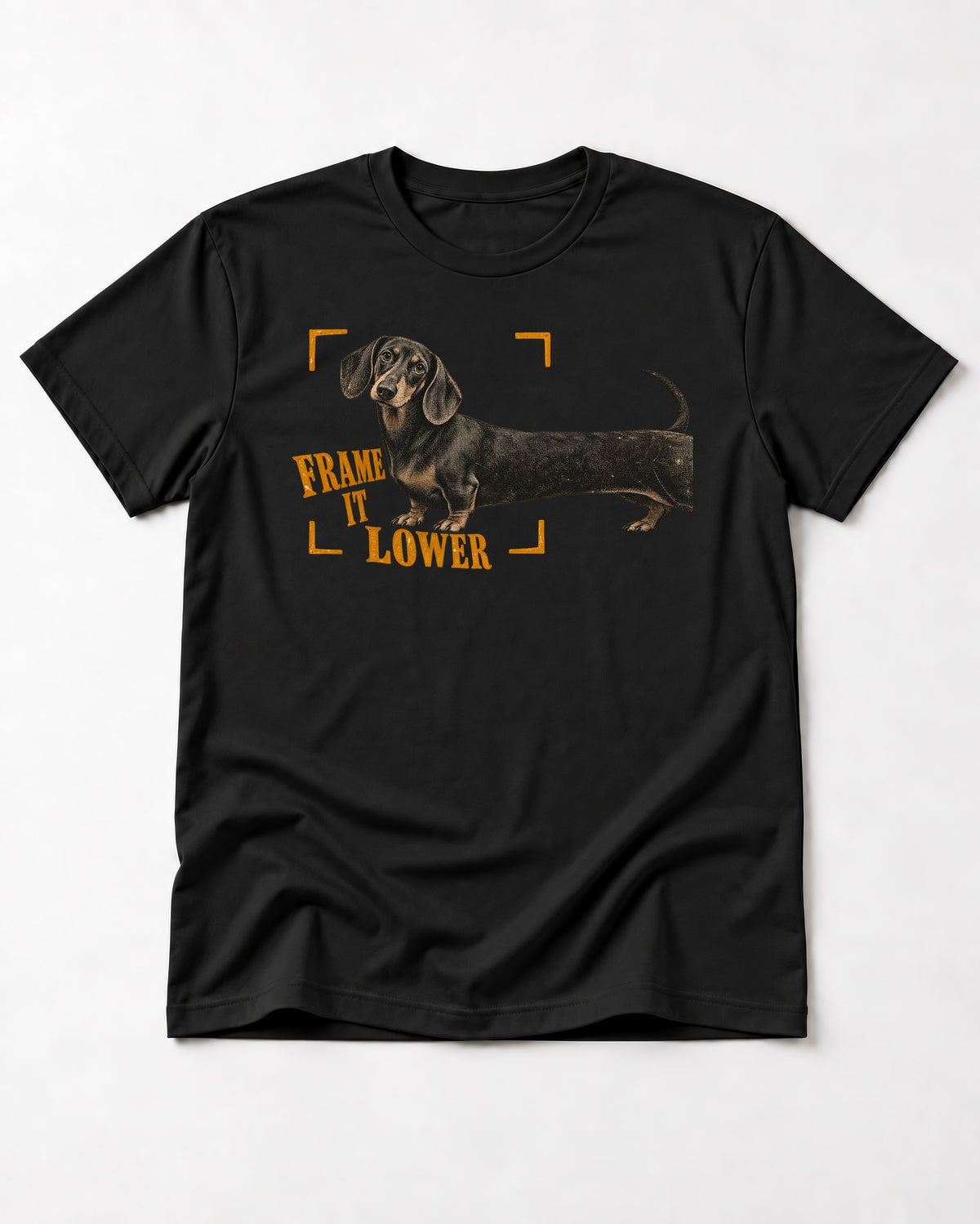 Dachshund Frame It Lower Viewfinder Graphic T-Shirt in Black, flat lay product photo