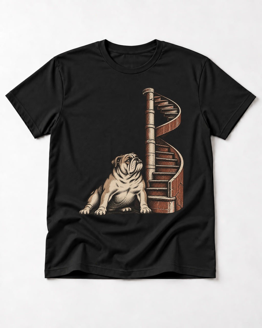 English Bulldog Spiral Staircase Graphic T-Shirt in Black, flat lay product photo