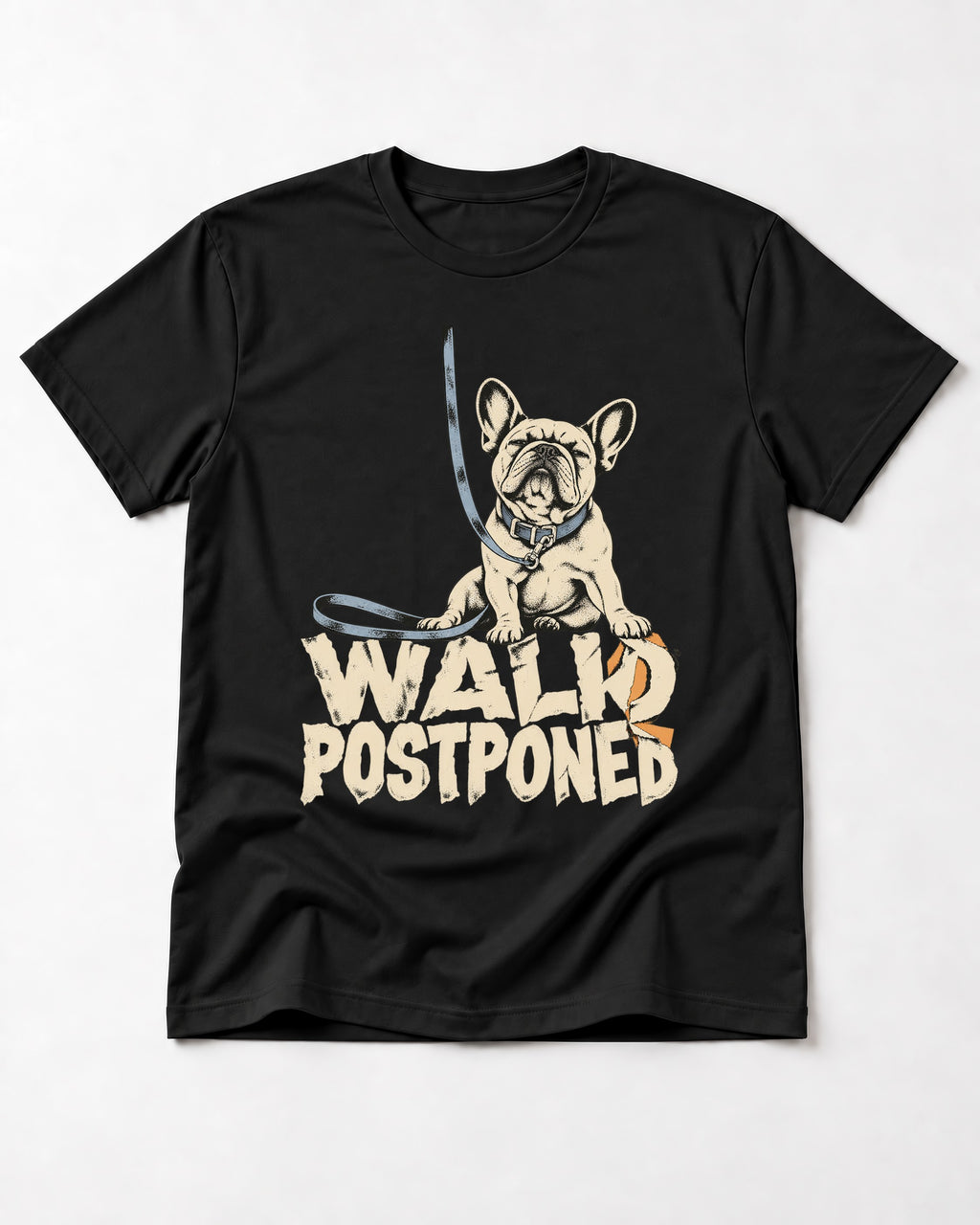 Frenchie Walk Postponed Leash Graphic T-Shirt in Black, flat lay product photo