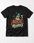 Boston Terrier Noise With Manners Cocktail Graphic T-Shirt in Black, flat lay product photo