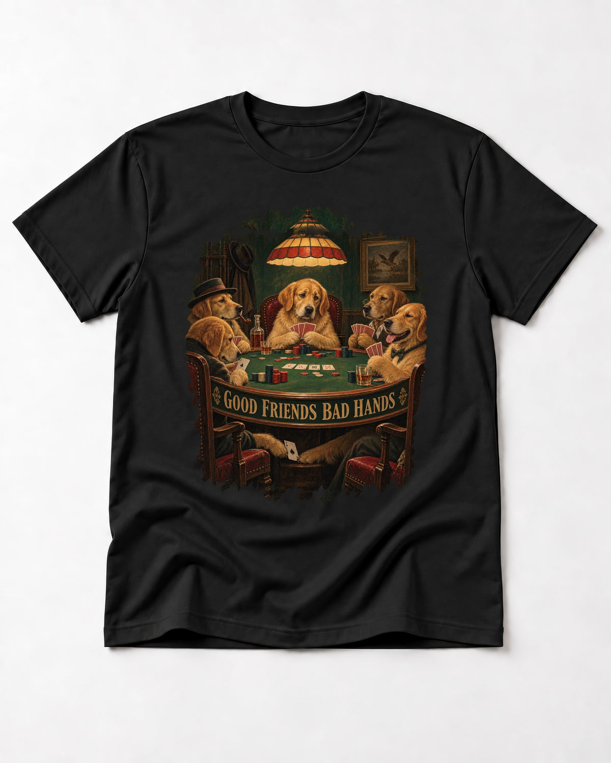 Good Friends Bad Hands Poker Golden Retriever Graphic T-Shirt in Black, flat lay product photo