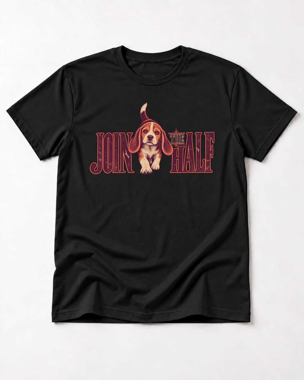 Beagle Join The Half T-Shirt in Black, flat lay product photo