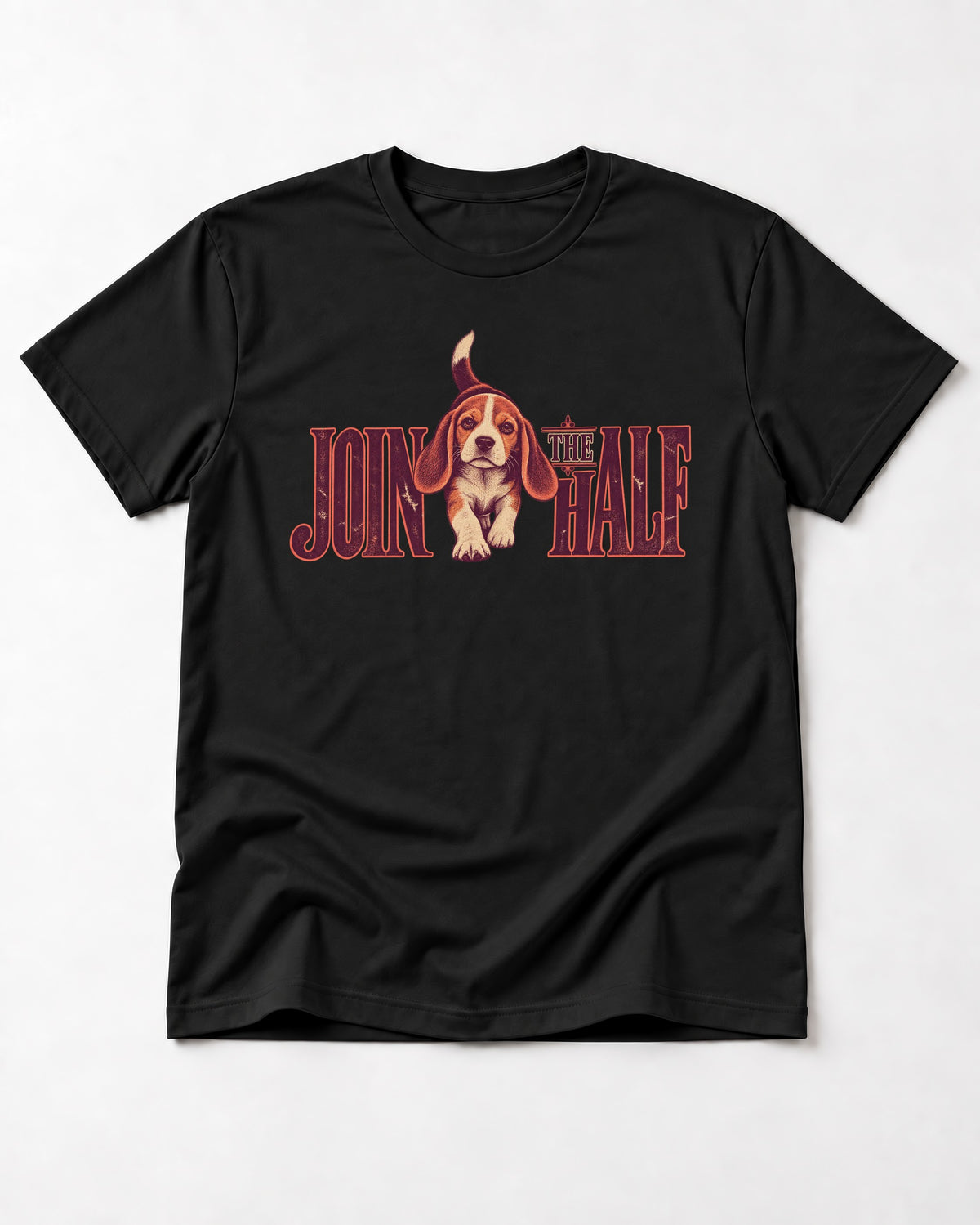 Beagle Join The Half T-Shirt in Black, flat lay product photo