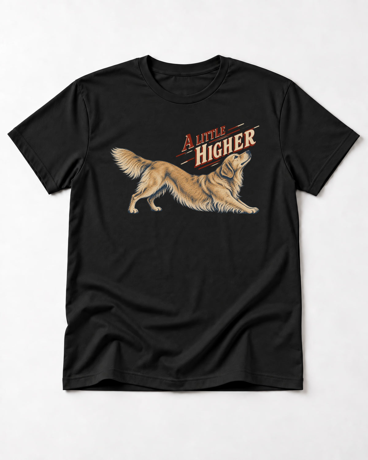 Golden Retriever A Little Higher Play Bow Graphic T-Shirt in Black, flat lay product photo