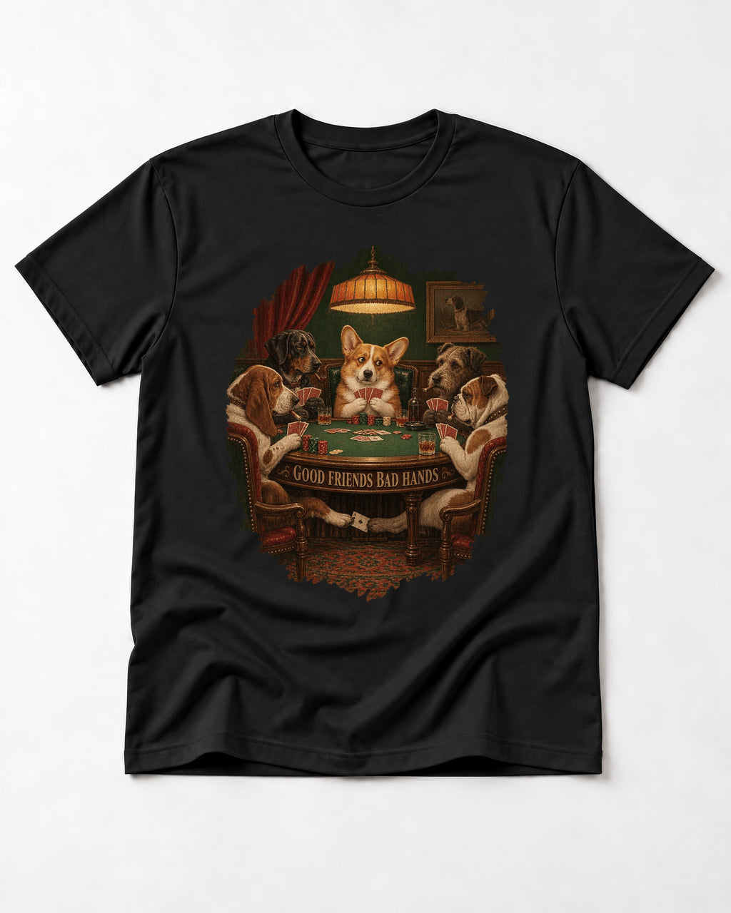 Corgi Good Friends Bad Hands Poker Night T-Shirt in Black, flat lay product photo
