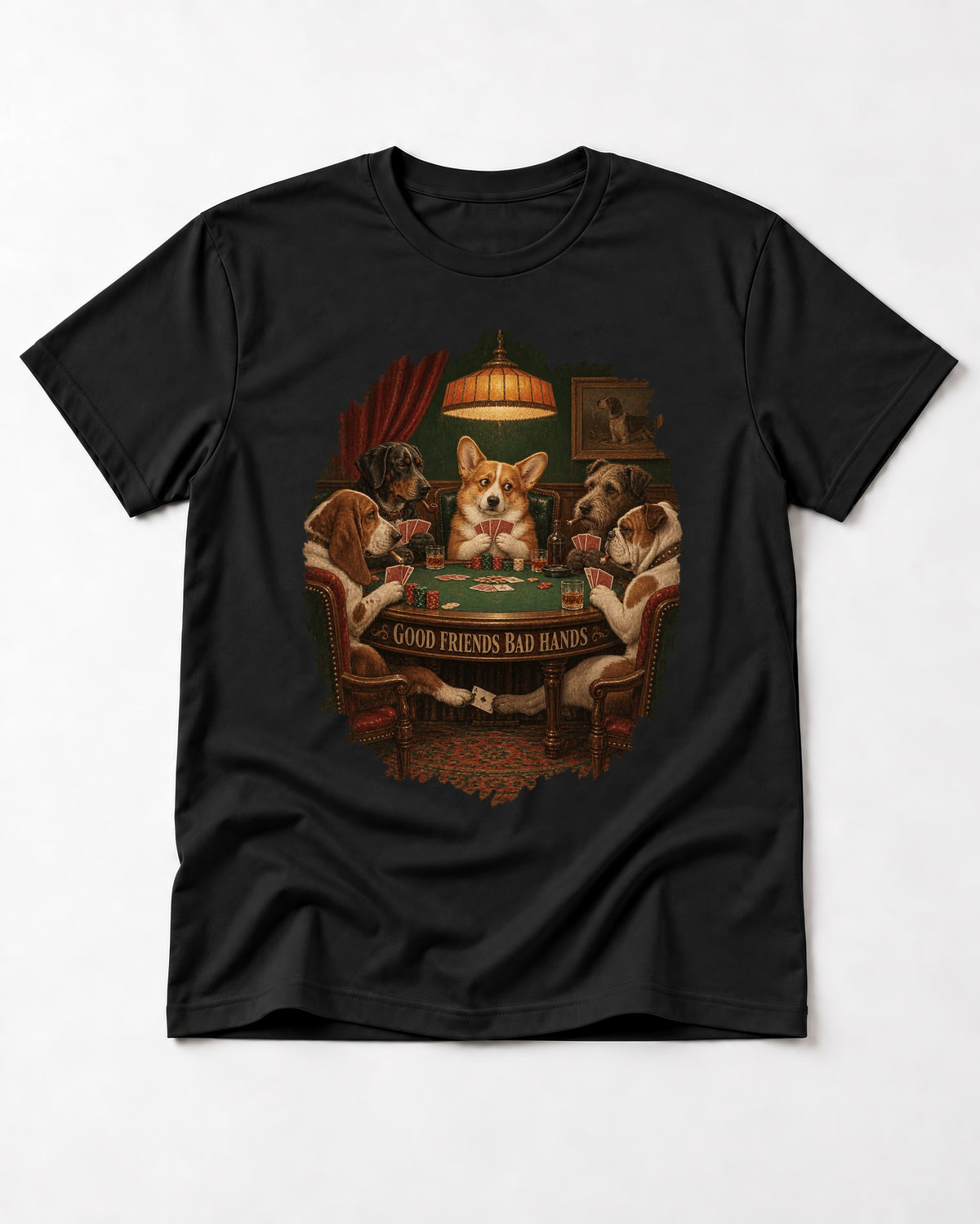 Corgi Good Friends Bad Hands Poker Night T-Shirt in Black, flat lay product photo