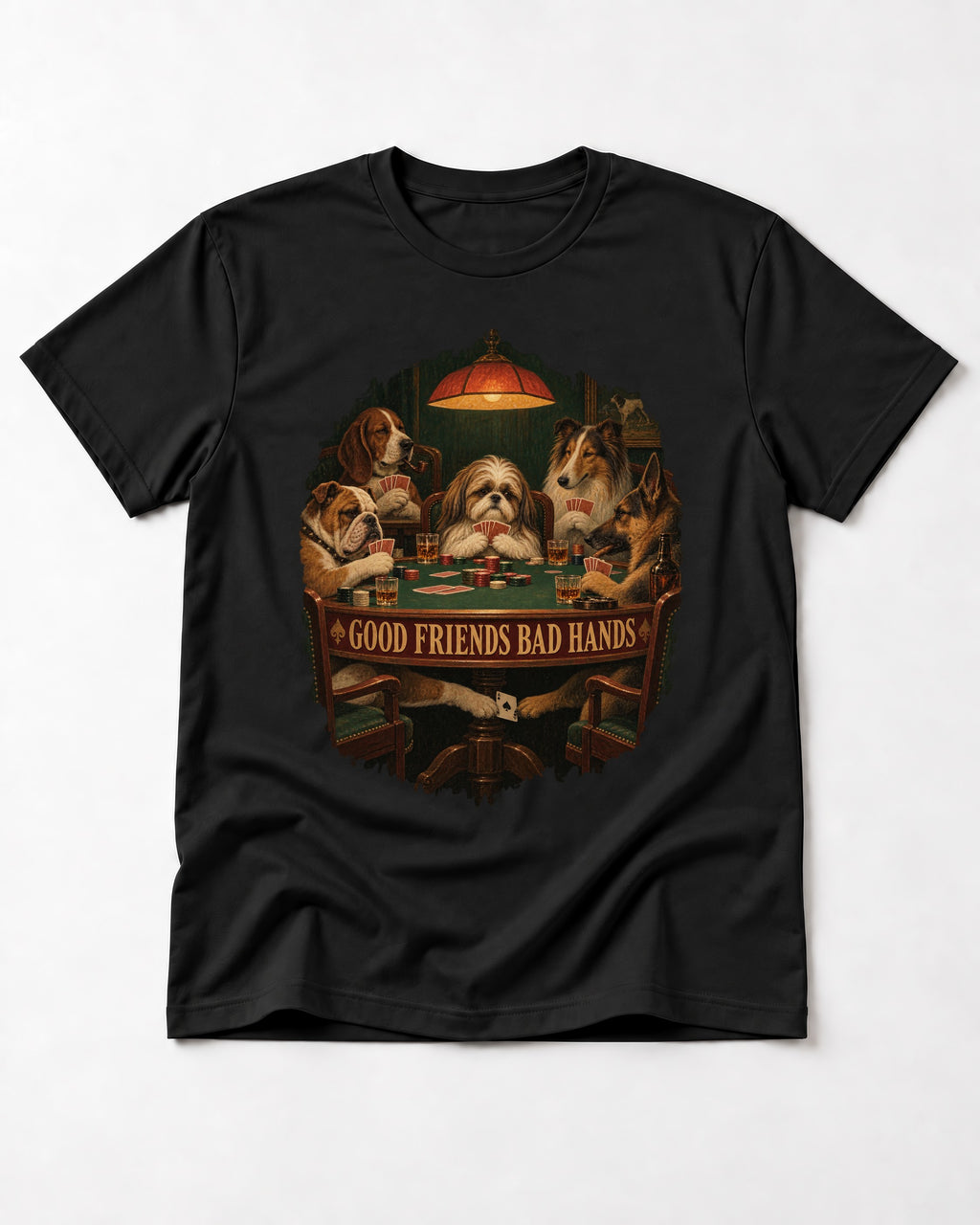 Shih Tzu Good Friends Bad Hands Poker Night Graphic T-Shirt in Black, flat lay product photo