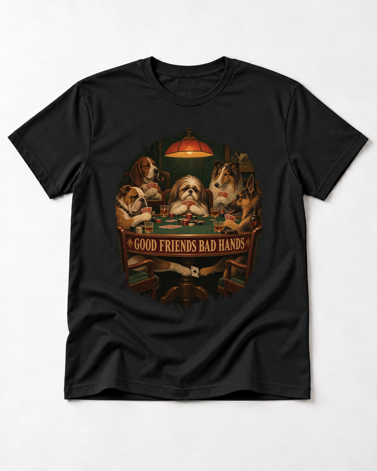 Shih Tzu Good Friends Bad Hands Poker Night Graphic T-Shirt in Black, flat lay product photo