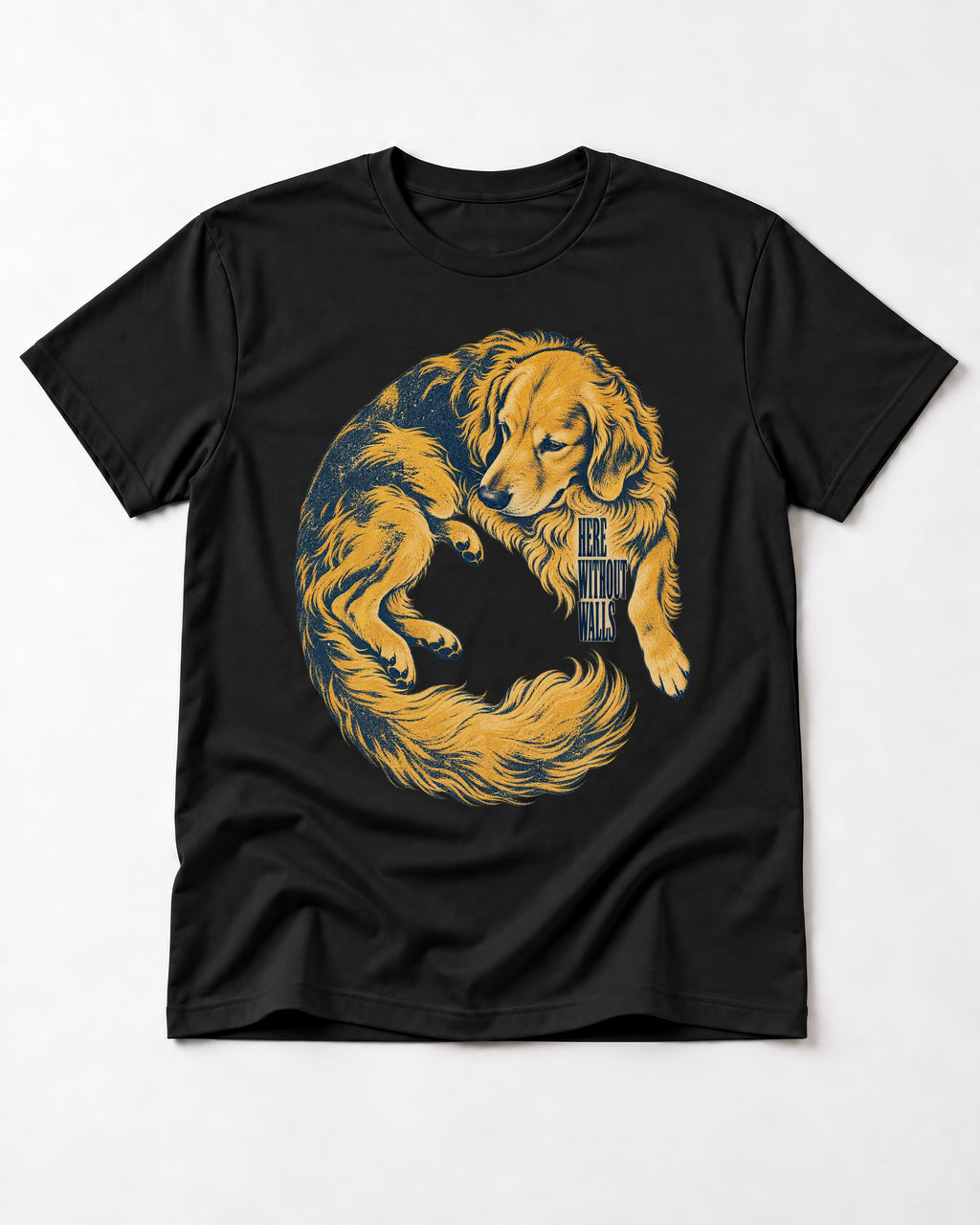 Golden Retriever Here Without Walls Curled Portrait Graphic T-Shirt in Black, flat lay product photo