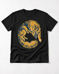 Golden Retriever Here Without Walls Curled Portrait Graphic T-Shirt in Black, flat lay product photo