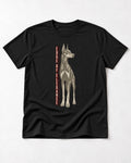 Doberman Edge of Elegance Height Chart Graphic T-Shirt in Black, flat lay product photo