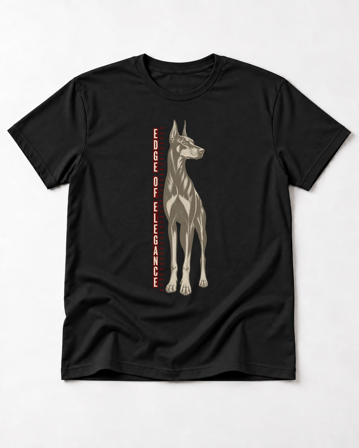 Doberman Edge of Elegance Height Chart Graphic T-Shirt in Black, flat lay product photo