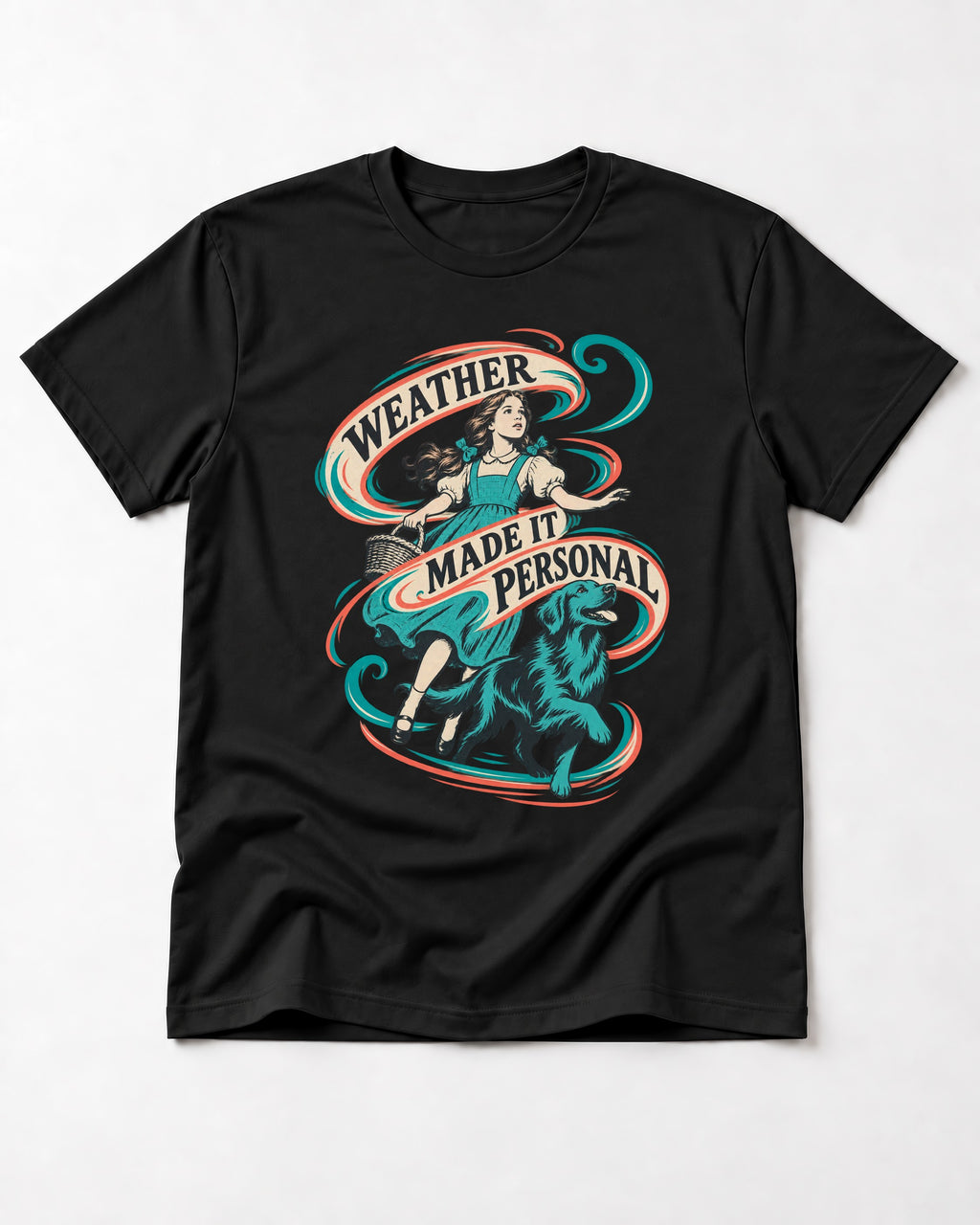 Golden Retriever Weather Made It Personal Woman Graphic T-Shirt in Black, flat lay product photo