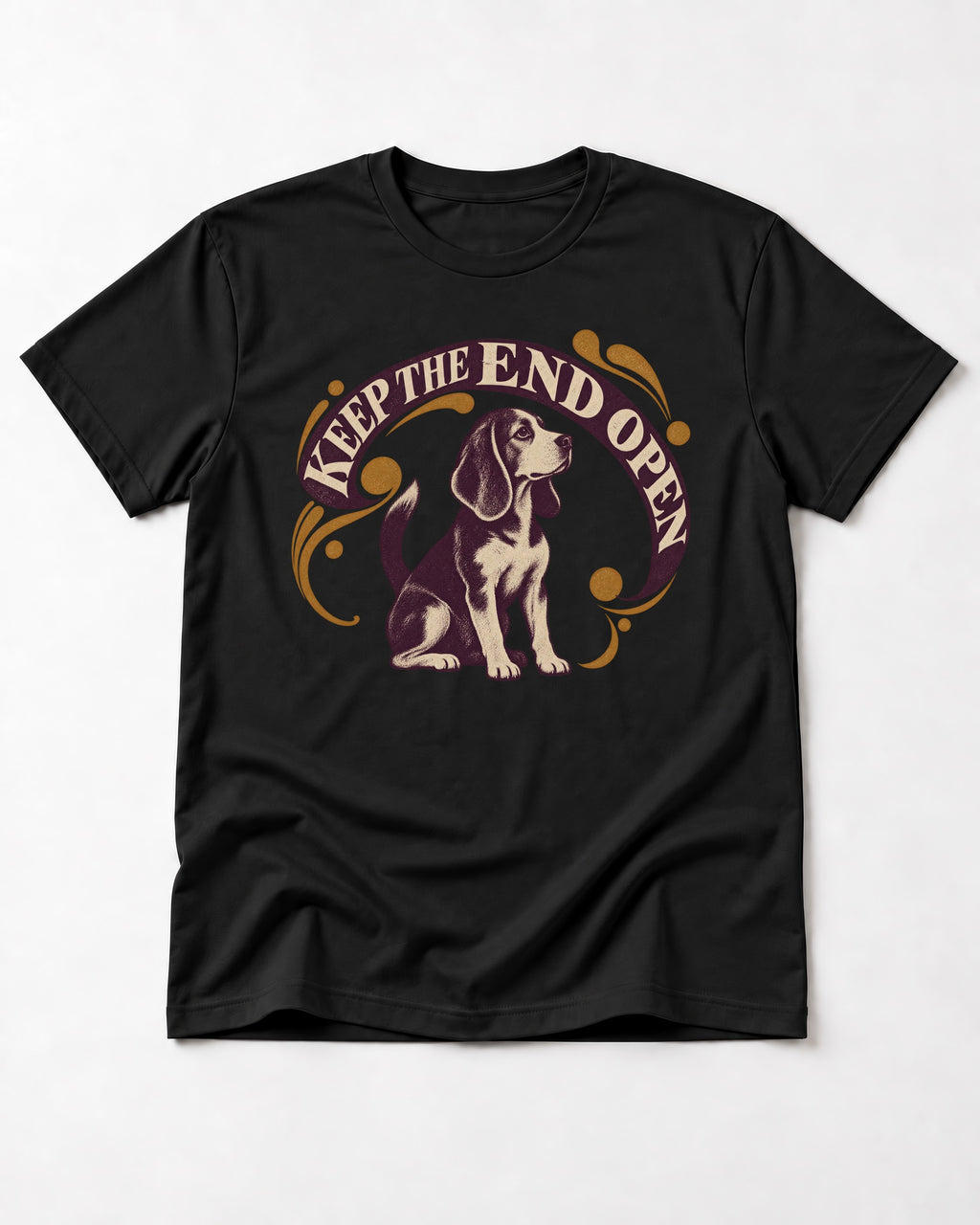 Beagle Keep The End Open Ornamental Graphic T-Shirt in Black, flat lay product photo