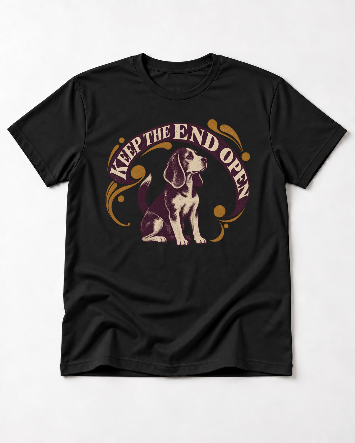 Beagle Keep The End Open Ornamental Graphic T-Shirt in Black, flat lay product photo