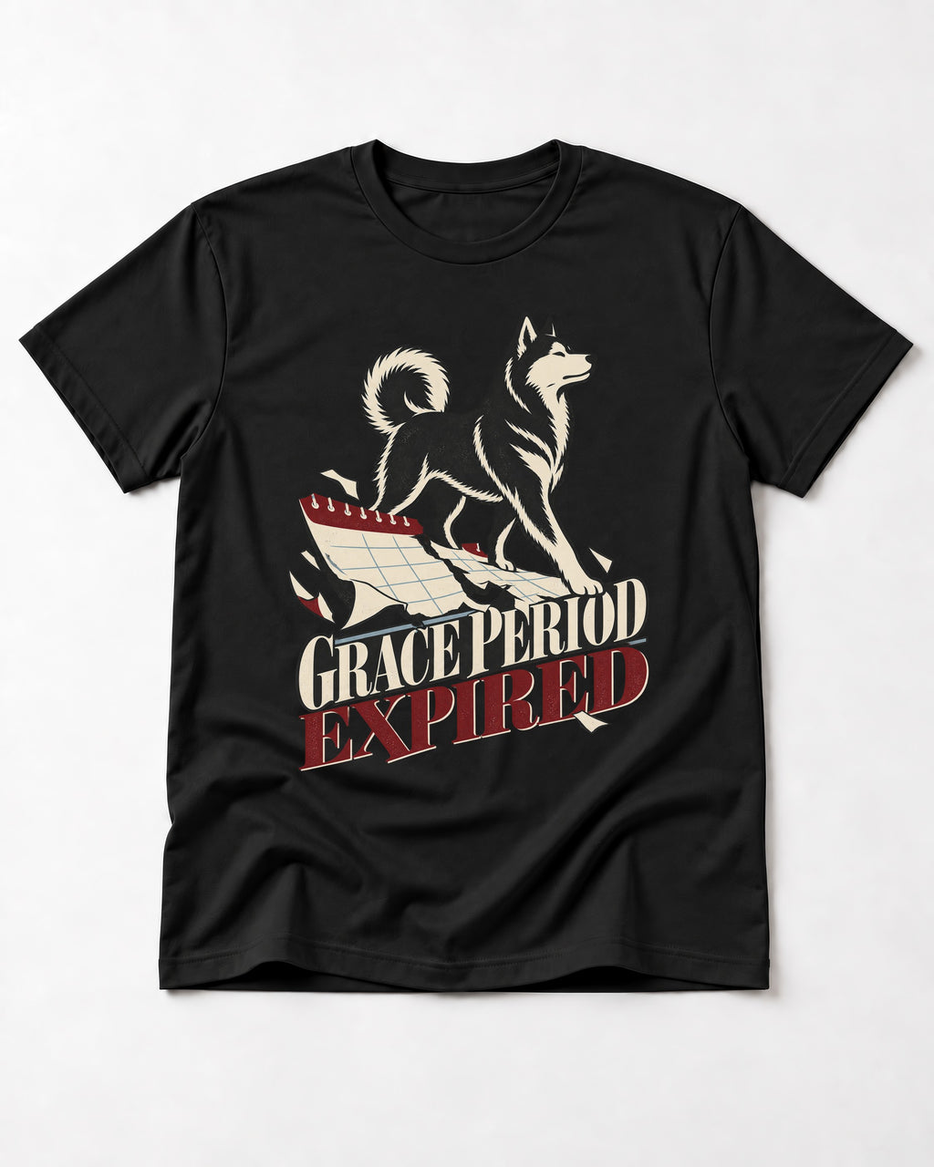 Husky Grace Period Expired Torn Calendar Graphic T-Shirt in Black, flat lay product photo