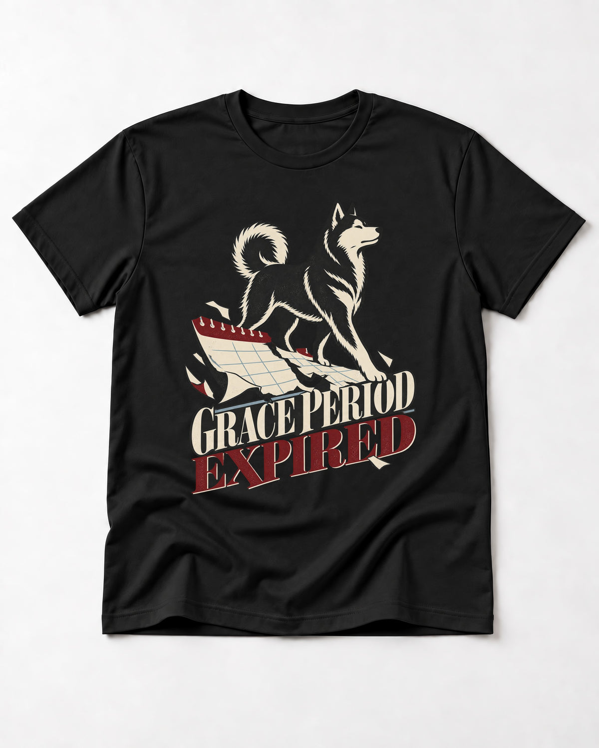Husky Grace Period Expired Torn Calendar Graphic T-Shirt in Black, flat lay product photo