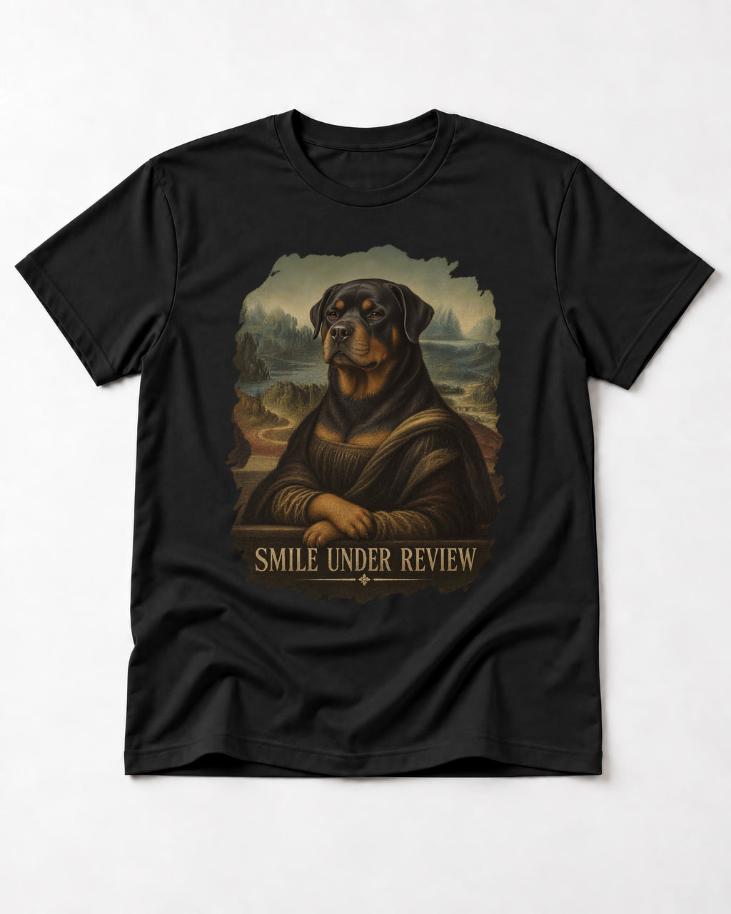 Rottweiler Smile Under Review Renaissance Portrait Graphic T-Shirt in Black, flat lay product photo