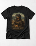 Rottweiler Smile Under Review Renaissance Portrait Graphic T-Shirt in Black, flat lay product photo