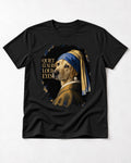 Labrador Retriever Quiet Luxury Loud Eyes Pearl Earring Graphic T-Shirt in Black, flat lay product photo