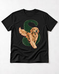 Golden Retriever Leave Some Space Monogram Graphic T-Shirt in Black, flat lay product photo