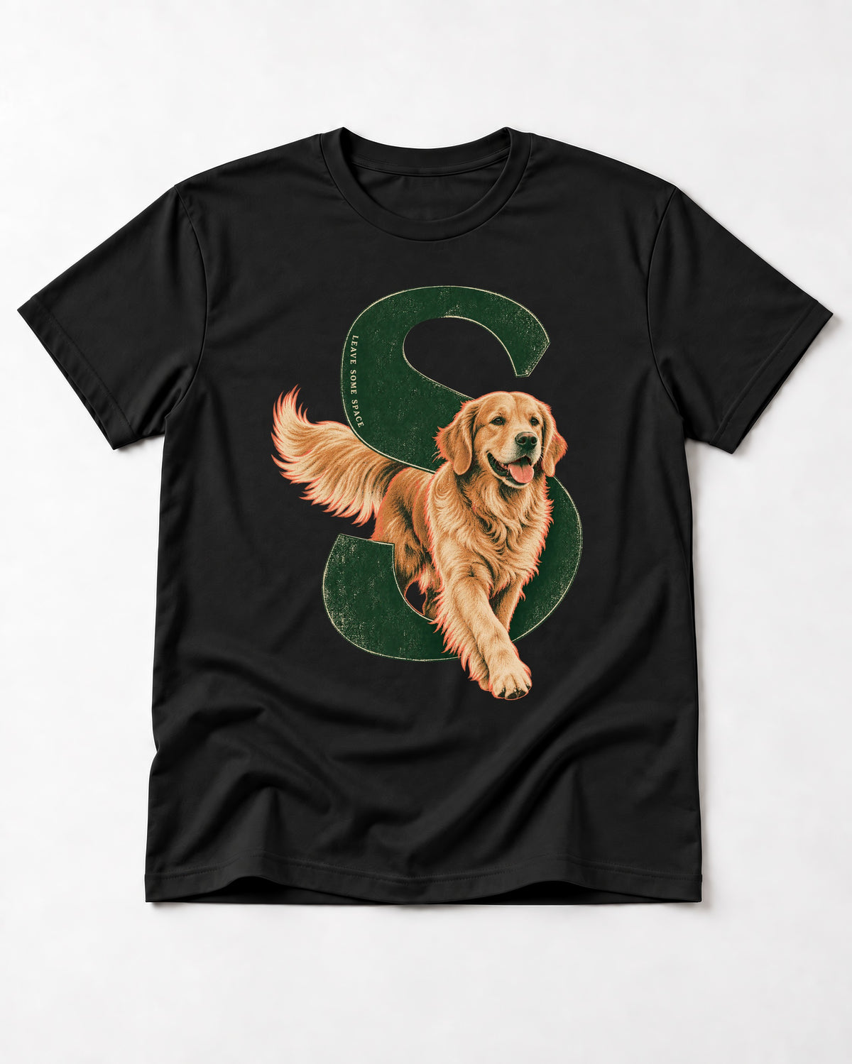 Golden Retriever Leave Some Space Monogram Graphic T-Shirt in Black, flat lay product photo