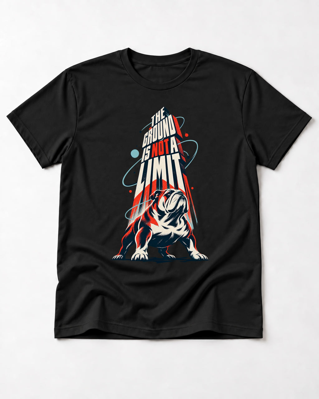 English Bulldog The Ground Is Not a Limit Orbital Graphic T-Shirt in Black, flat lay product photo