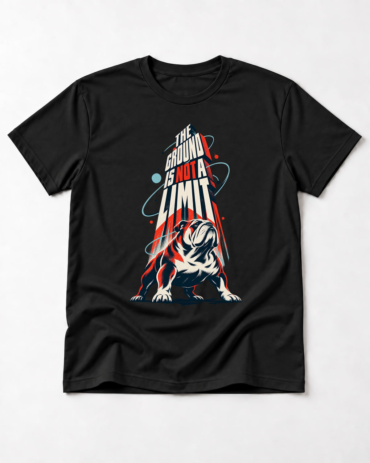 English Bulldog The Ground Is Not a Limit Orbital Graphic T-Shirt in Black, flat lay product photo