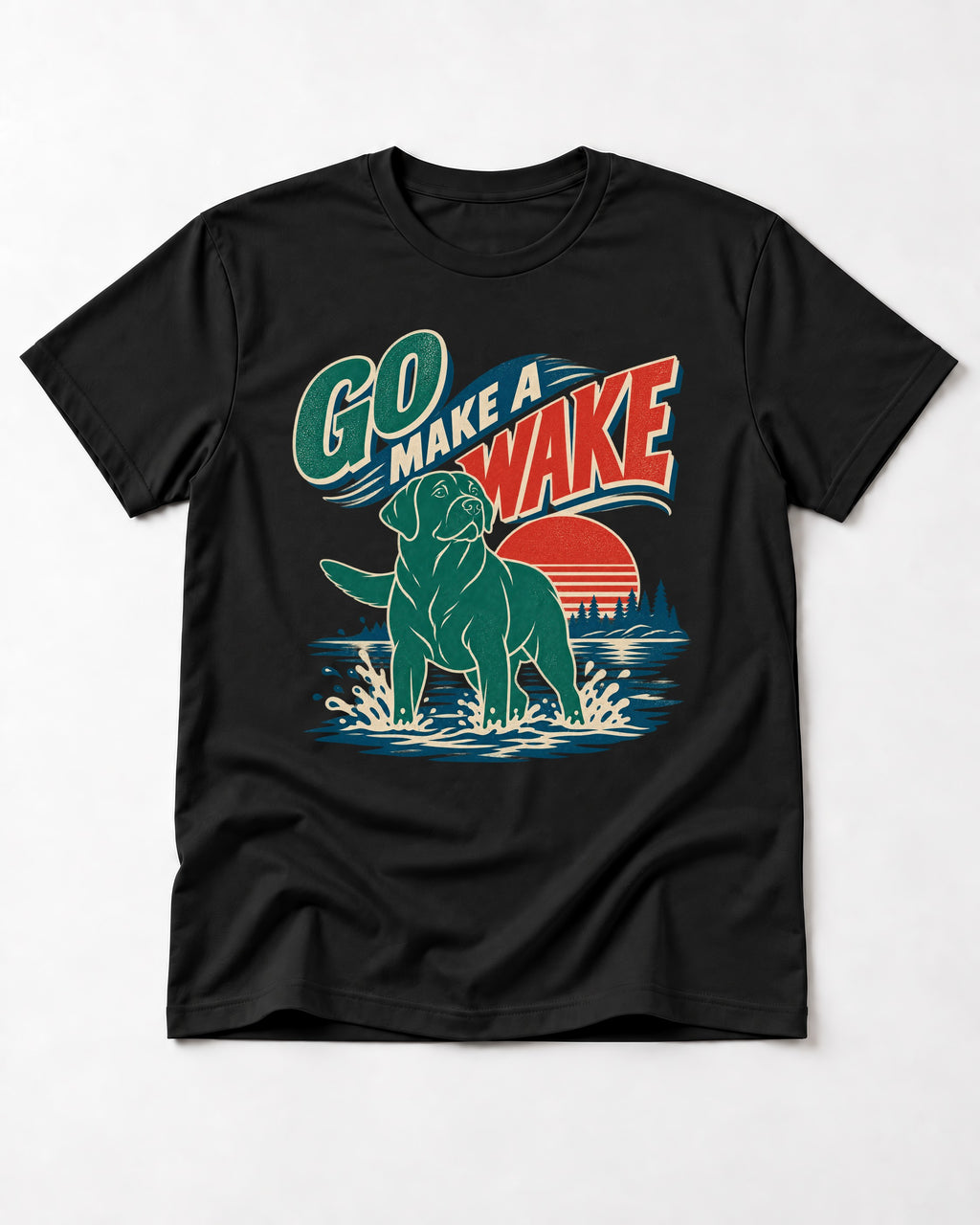 Labrador Retriever Go Make a Wake Lake Graphic T-Shirt in Black, flat lay product photo