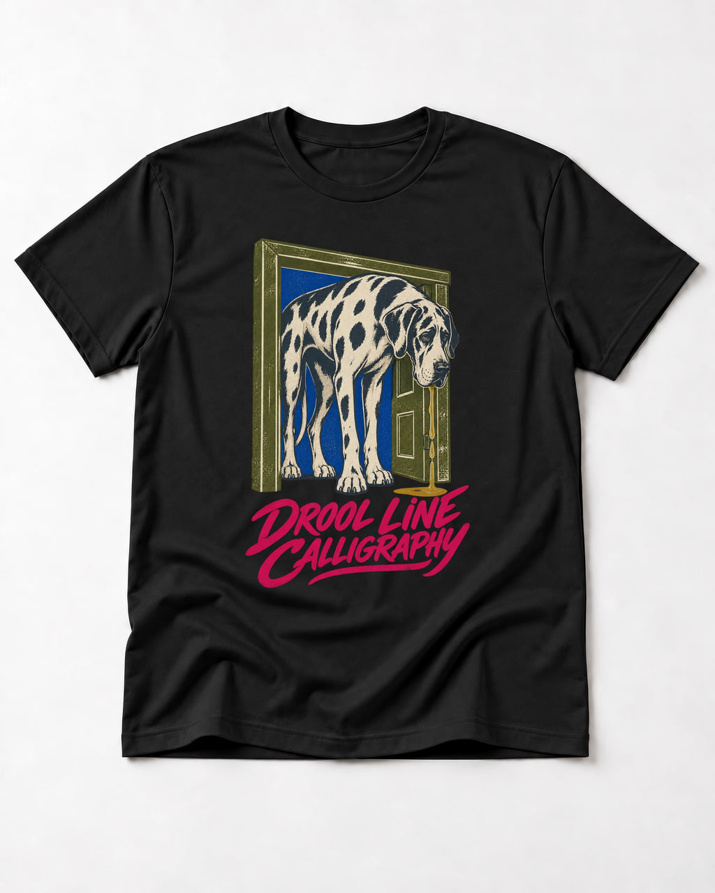 Great Dane Drool Line Calligraphy Doorway Graphic T-Shirt in Black, flat lay product photo