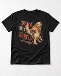 Golden Retriever Space Between Sorts Letterpress Graphic T-Shirt in Black, flat lay product photo