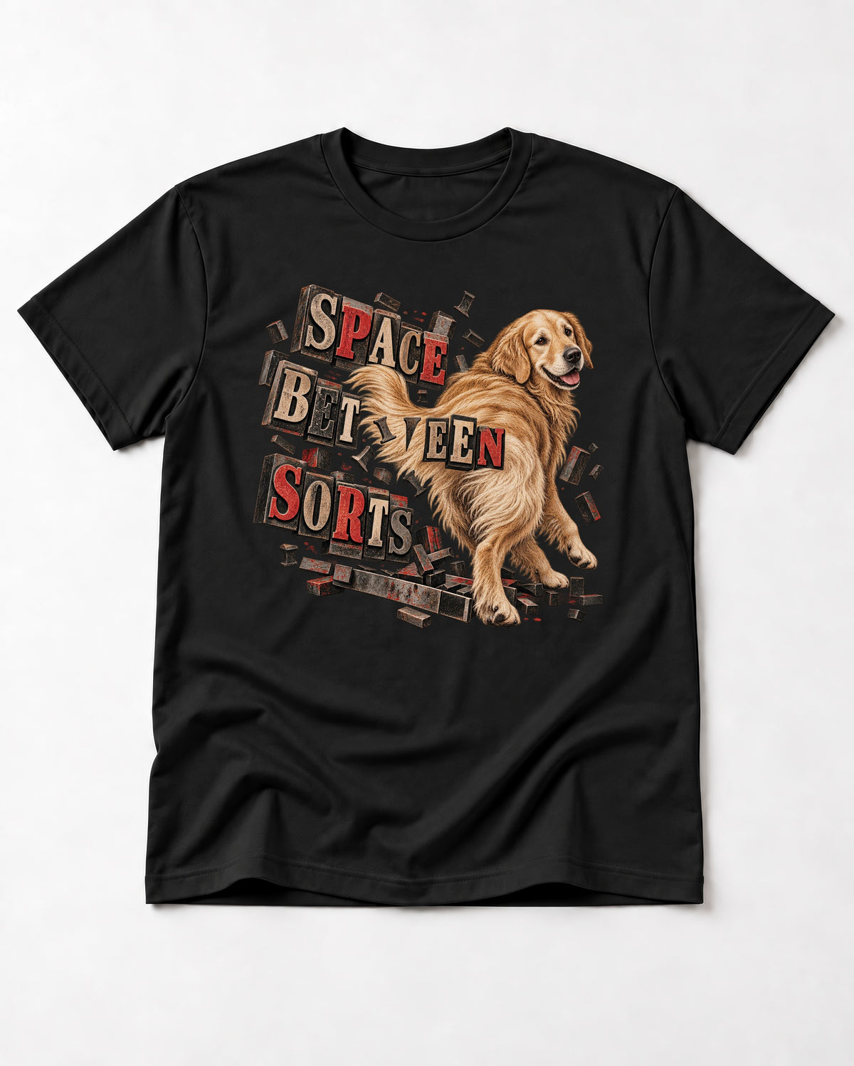 Golden Retriever Space Between Sorts Letterpress Graphic T-Shirt in Black, flat lay product photo