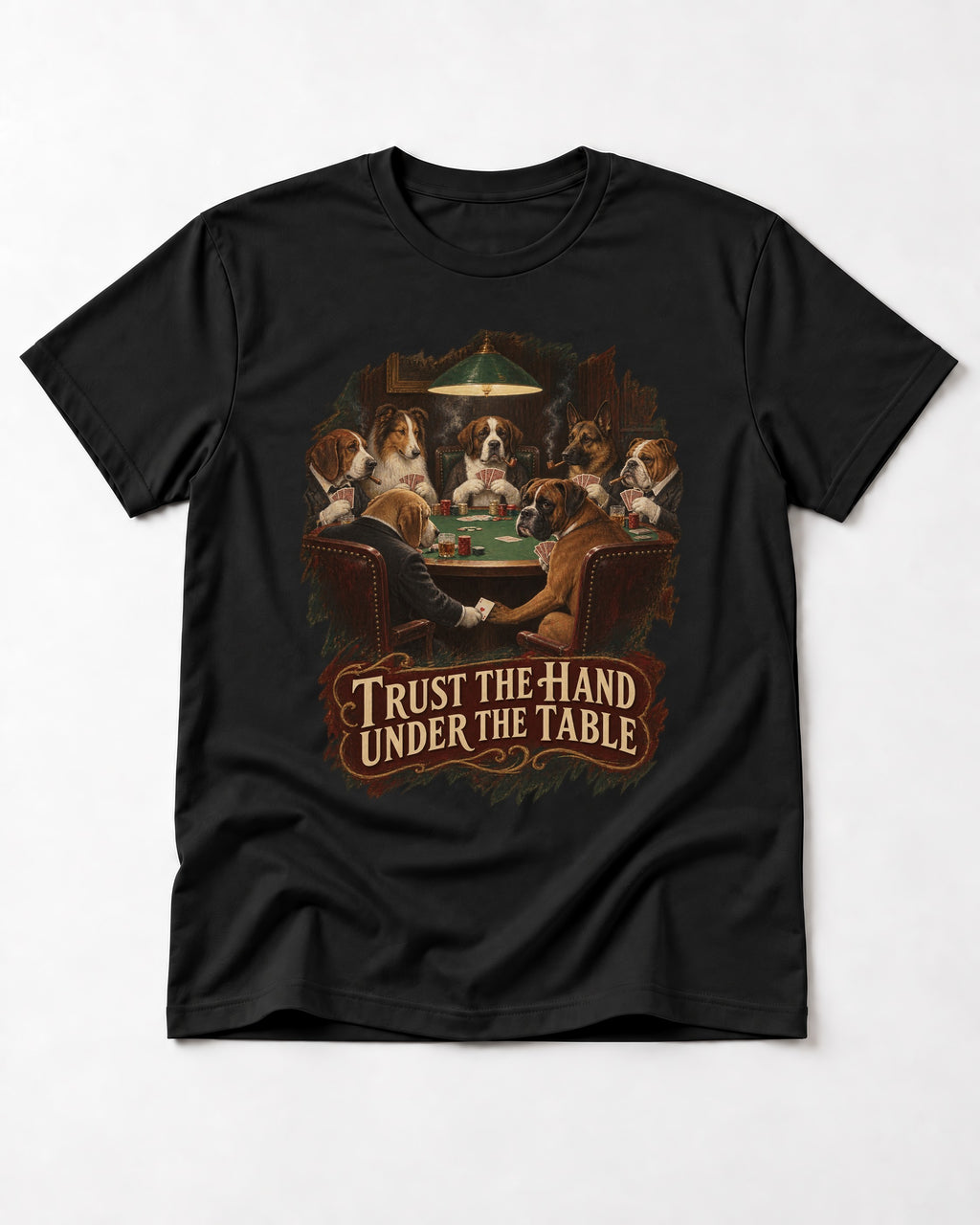 Trust the Hand Under the Table Boxer Poker Graphic T-Shirt in Black, flat lay product photo