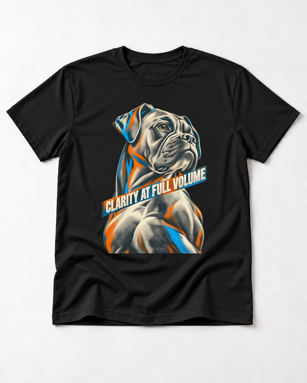 Clarity at Full Volume Boxer Portrait T-Shirt in Black, flat lay product photo
