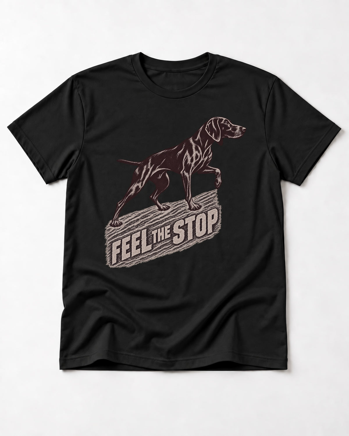German Shorthaired Pointer Feel The Stop Frottage Graphic T-Shirt in Black, flat lay product photo