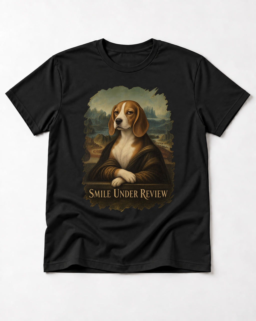 Smile Under Review Beagle Portrait T-Shirt in Black, flat lay product photo