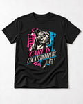 Pitbull Care Is Counterculture Neon Collage Portrait Graphic T-Shirt in Black, flat lay product photo
