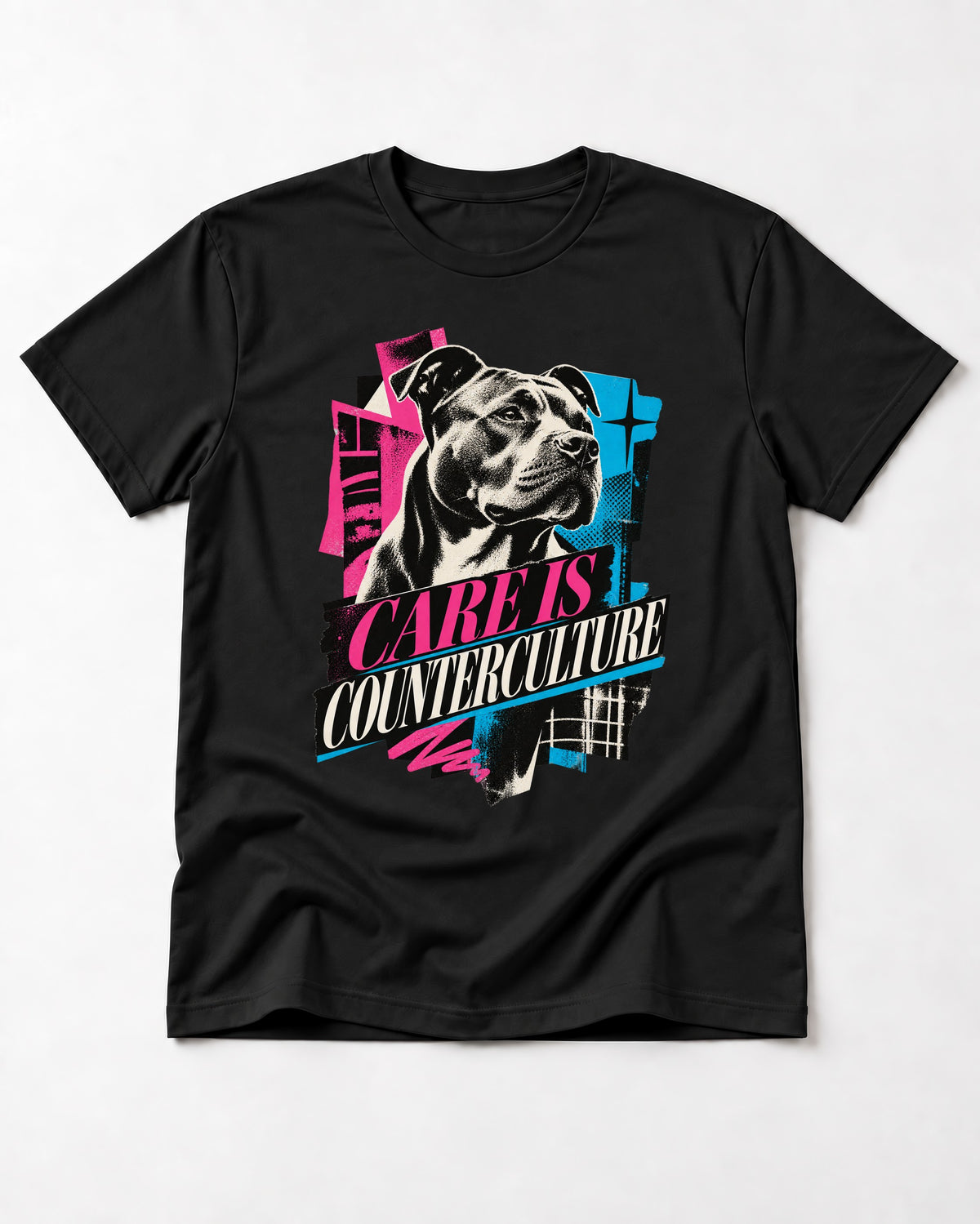Pitbull Care Is Counterculture Neon Collage Portrait Graphic T-Shirt in Black, flat lay product photo