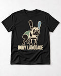 Frenchie Body Language Punctuation Graphic T-Shirt in Black, flat lay product photo