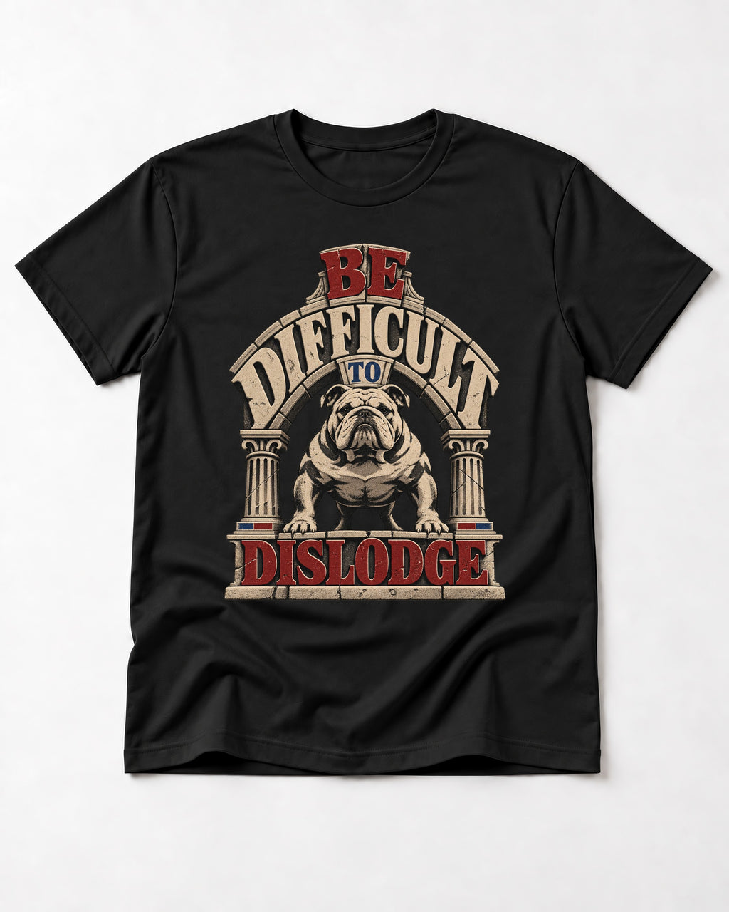 English Bulldog Be Difficult to Dislodge Stone Arch Graphic T-Shirt in Black, flat lay product photo