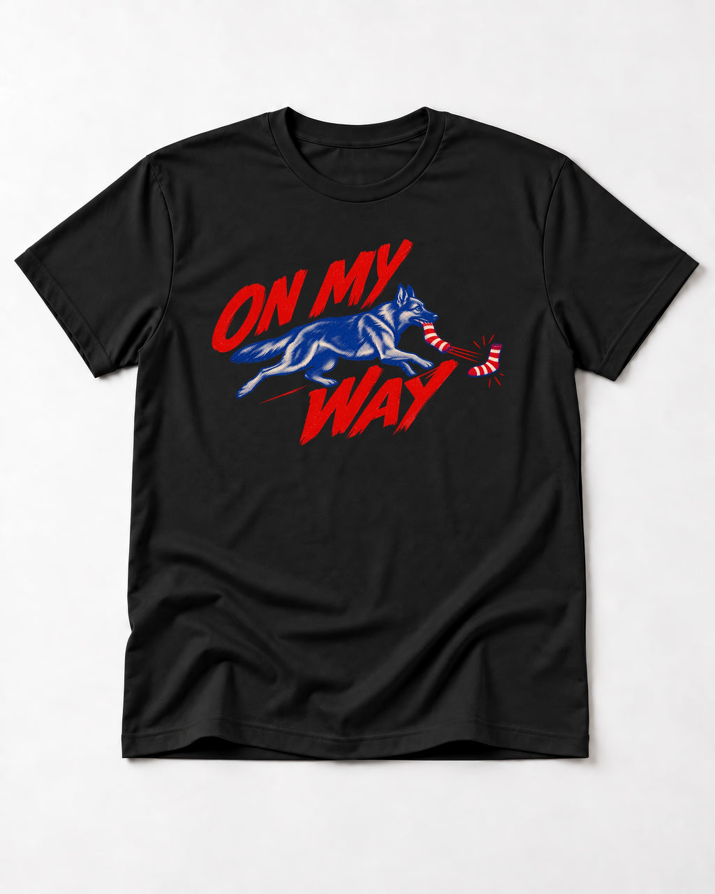 German Shepherd Dog On My Way Sock Chase Graphic T-Shirt in Black, flat lay product photo
