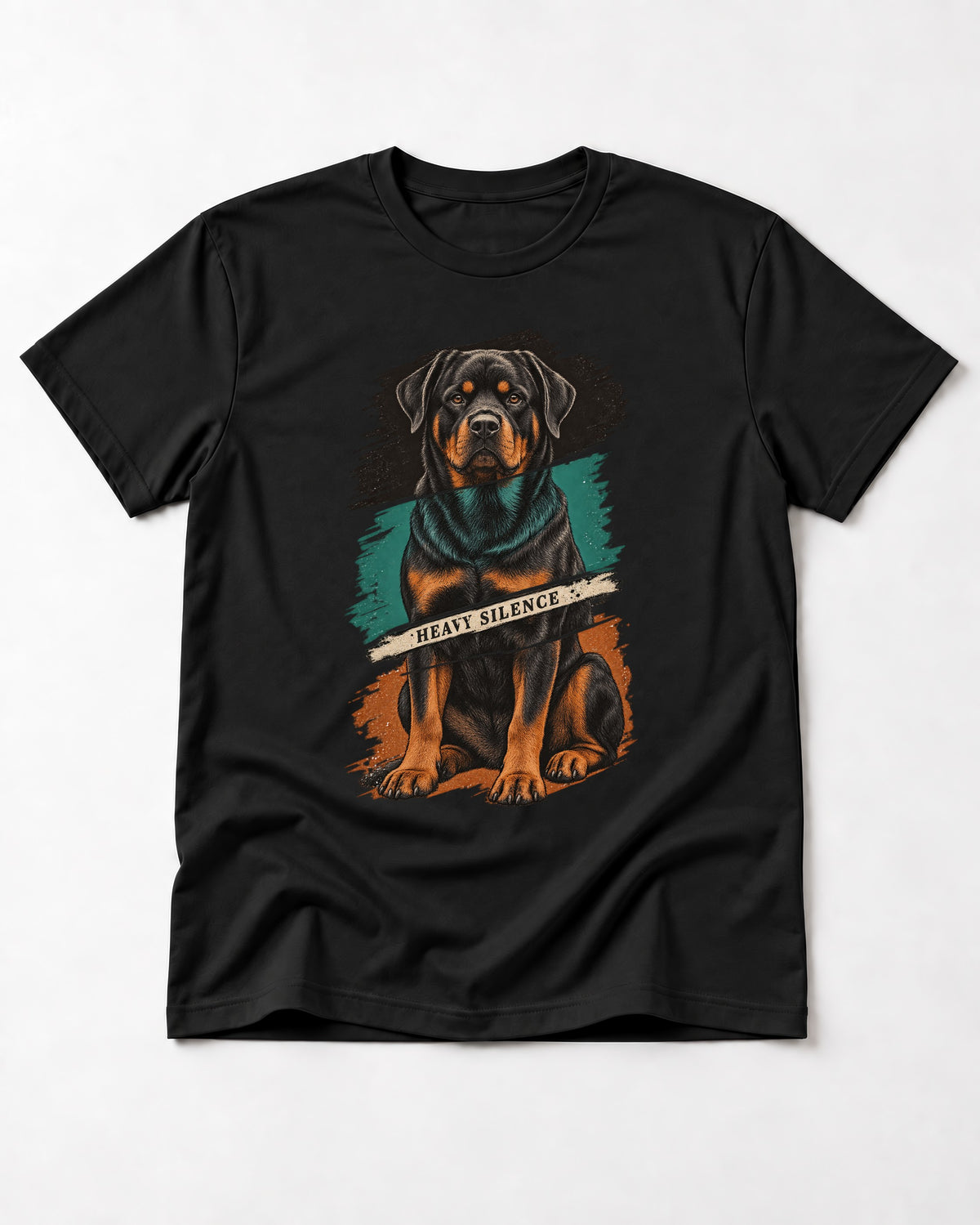 Rottweiler Heavy Silence Brushstroke Portrait Graphic T-Shirt in Black, flat lay product photo