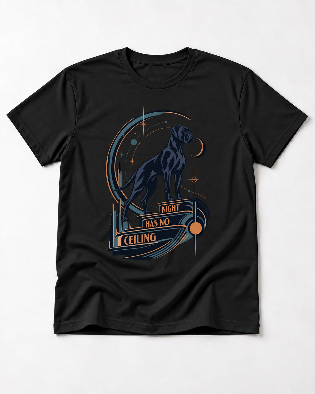 Night Has No Ceiling Boxer Cosmic Graphic T-Shirt in Black, flat lay product photo